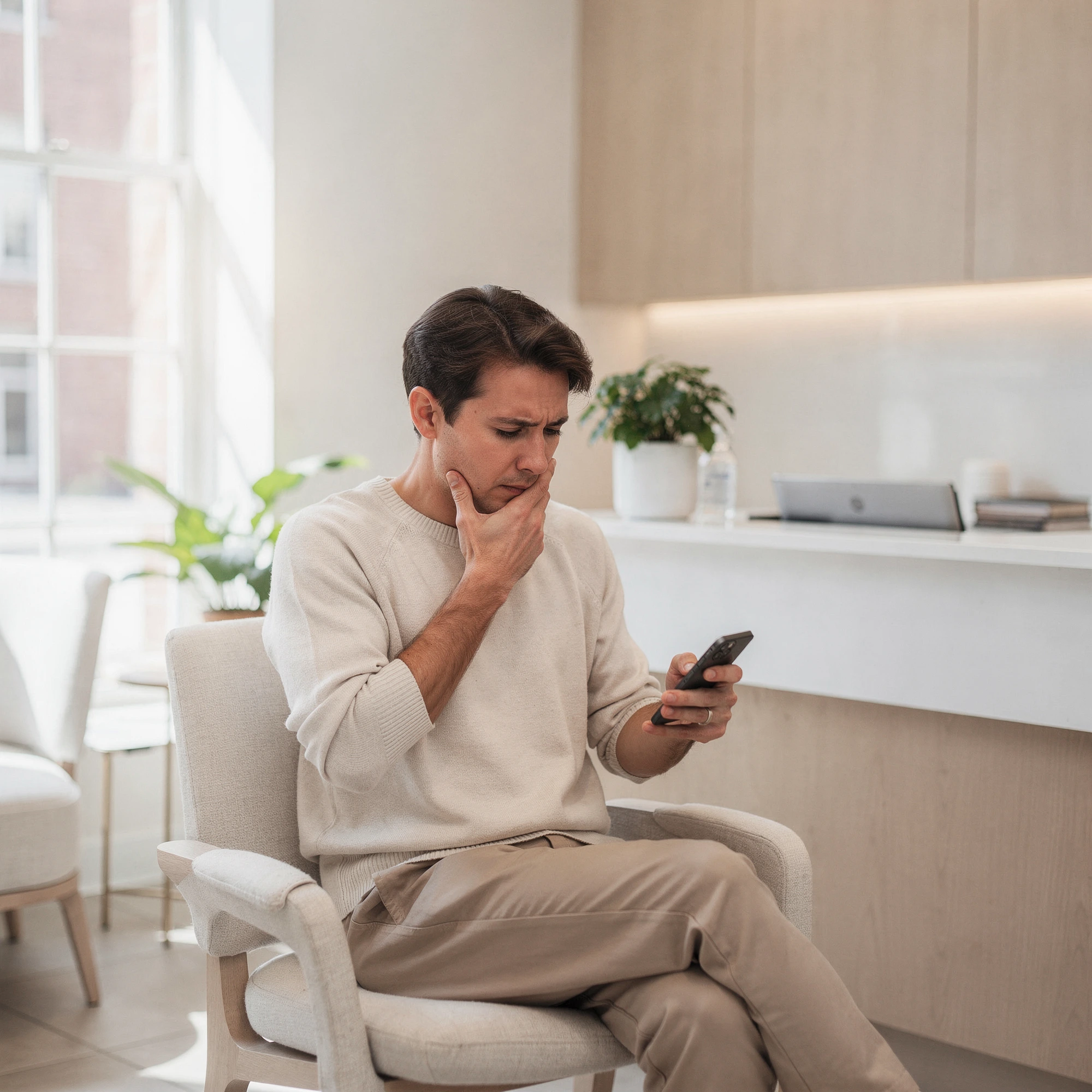 Man experiencing tooth pain, holding his cheek while looking at his phone in a modern dental office waiting room